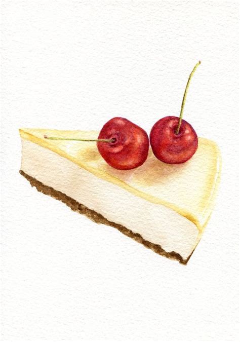 Cheesecake With Cherries On Top ORIGINAL Painting Desset Illustration Still Life Watercolour