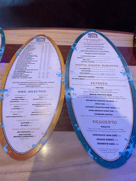Menu at Nalu restaurant, Rehoboth Beach