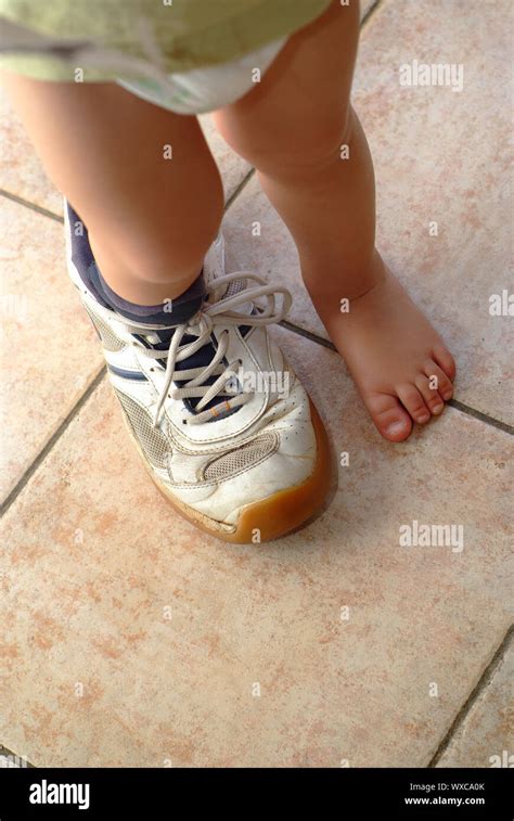 Baby Feet Stepping Into Big Shoes To Fill Stock Photo Alamy