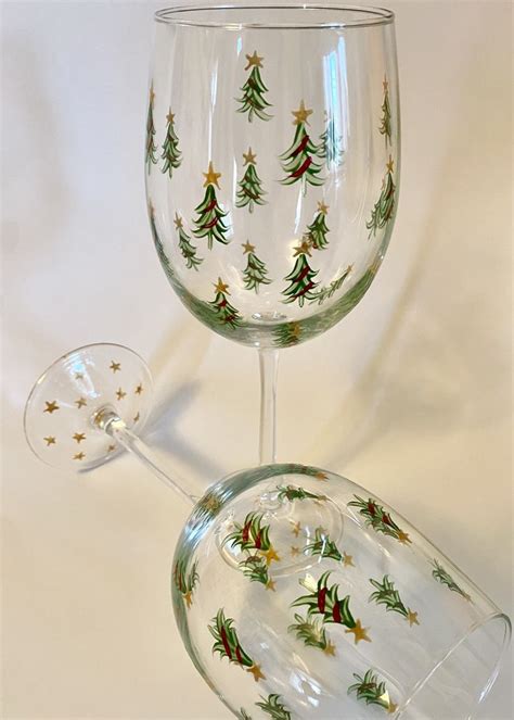 Decorated Wine Glasses Christmas Glasses Christmas Tree Set Christmas Tree Painting Green