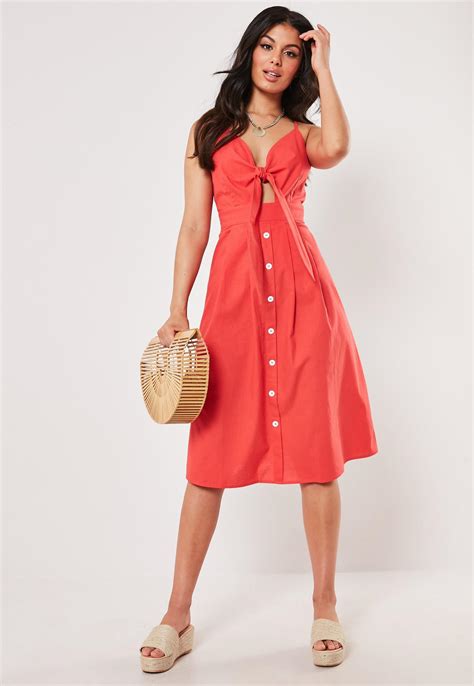 Red Tie Front Button Down Midi Dress Missguided Ireland