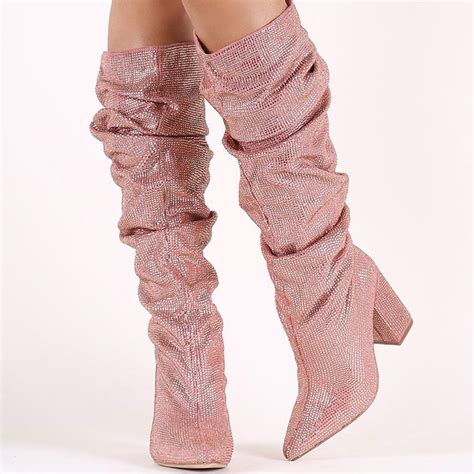 pink chunky heel knee high boots😏 high knee boots outfit womens chunky heels womens knee
