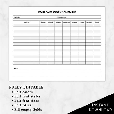 Employee Work Schedule Templateemployee Weekly Schedule Etsy