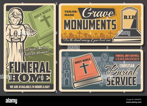 Funeral and burial agency service, vector vintage posters for farewell