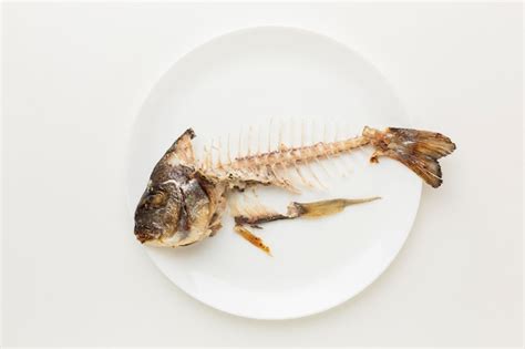 Restes De Poisson Cuit Dans Une Assiette Blanche