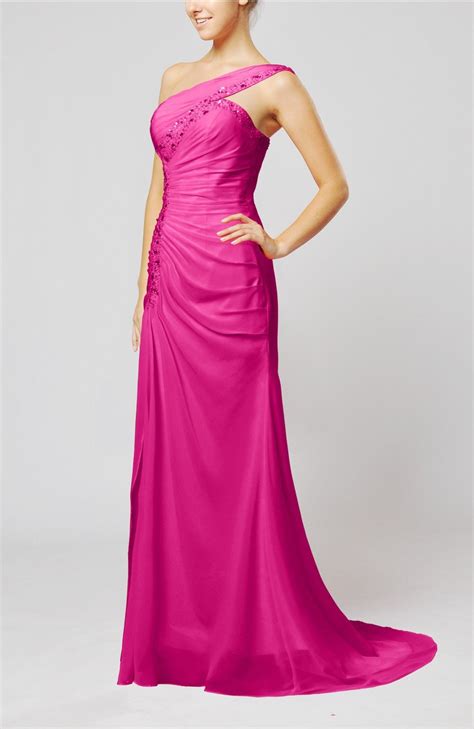 Hot Pink Evening Dress Elegant Column Zipper Chiffon Sweep Train