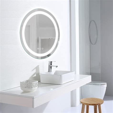 Amorho Led Bathroom Mirror Round 24 Frameless Shatter Proof Vanity Mirror With Double Lights