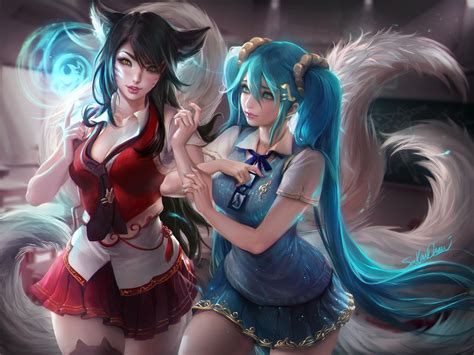 School Girl Ahri And Sona Wallpapers And Fan Arts League Of Legends