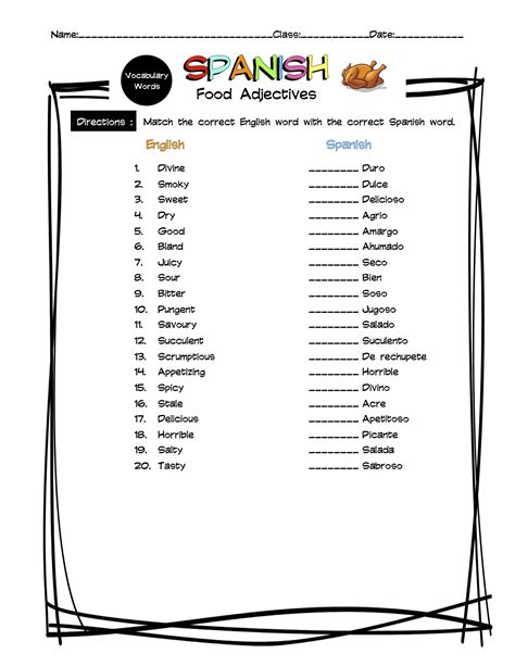 Spanish Food Adjectives Vocabulary Matching Worksheet And Answer Key