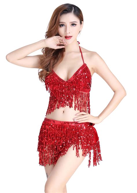 Womens Belly Dance Costume Sequin Fringe Bra Top And Hip Scarf Skirt Sexy Halloween Dancing