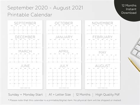 2020 Printable Calendar 2020 Large Wall Calendar 2020 Big Etsy