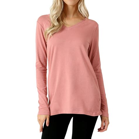 Thelovely Women Basic Cotton Relaxed Fit V Necks 3x Long Sleeve T Shirt Top Single And Multi