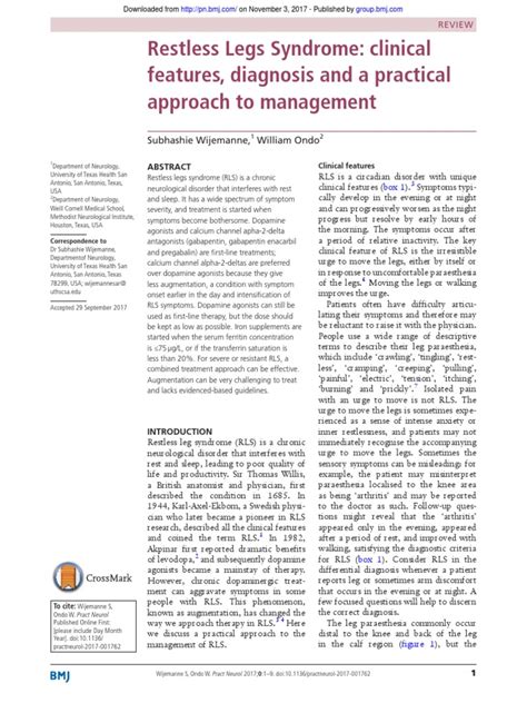 Restless Legs Syndrome Clinical Features Diagnosis And A Practical Approach To Management Bmj