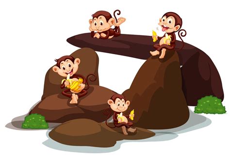 Happy Monkeys Eating Banana At Stone 373429 Vector Art At Vecteezy