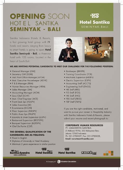 Melamarlah sebagai staf administrasi, receptionist, front desk agent dan lainnya! Lowongan Kerja di Hotel Santika Seminyak Bali (Opening ...