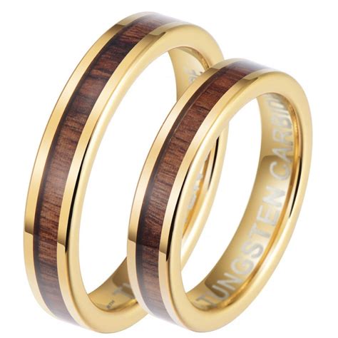 His And Hers Matching Gold Tone Tungsten Wedding Couple Rings Set Koa