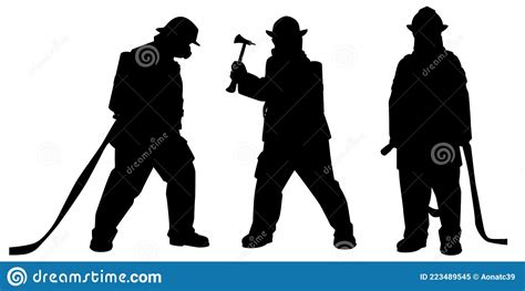 Set Of Firefighter With Equipment Silhouette Stock Vector