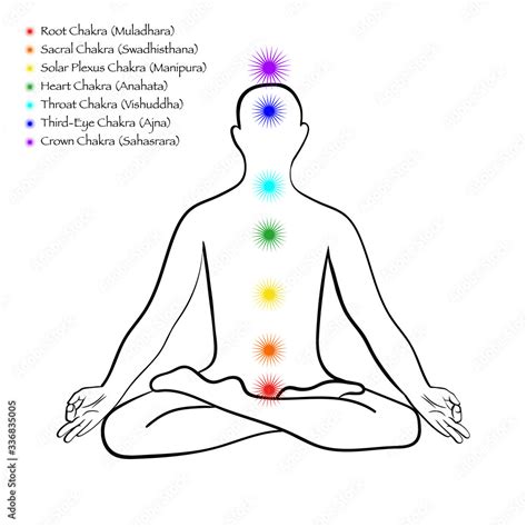 chakra system infographic human body silhouette in lotus pose 7 chakra centers and chakra