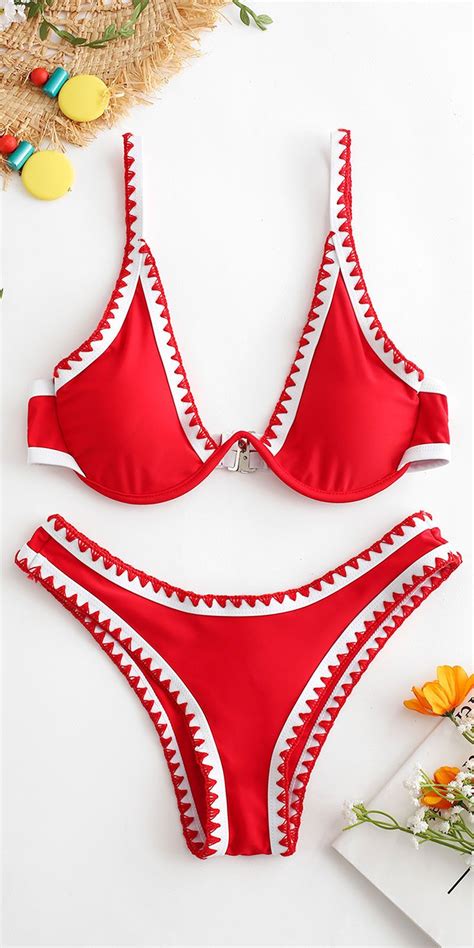 Zaful Contrast Piping Underwire Bikini Set Lava Red Underwire