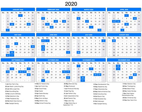 2020 Yearly Calendar With Holidays Printable Calendar Template