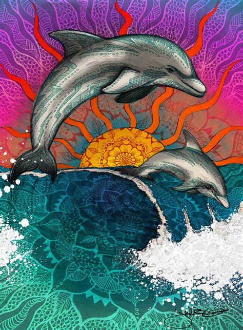 Surfing Dolphin Sunset Drawing By Julie Oakes