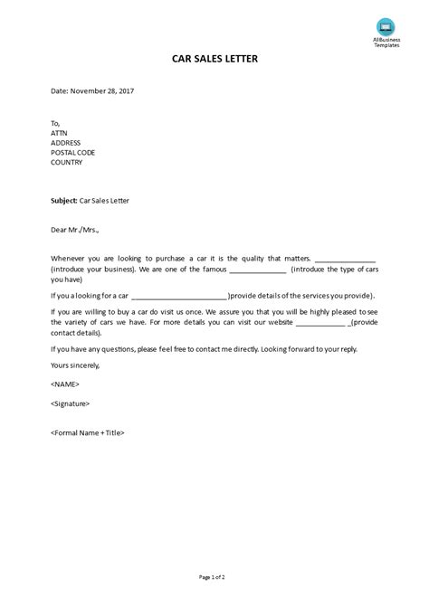 Selling A Car Letter Template