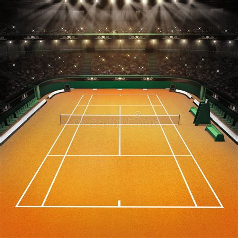 Clay Tennis Court And Stadium Full Of Spectators With Spotlights Stock