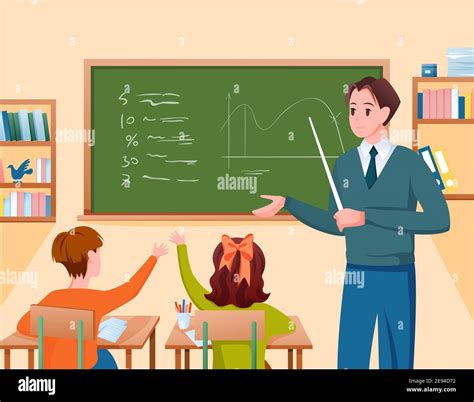 School Teacher And Children Study In Classroom Standing At Class