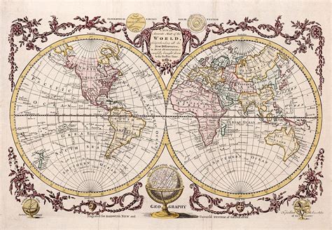 1782 World Wall Map Both Hemispheres Flat Earth Vintage History Art