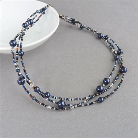 Dark Blue Necklace Navy Multi Strand Necklace Twisted Navy