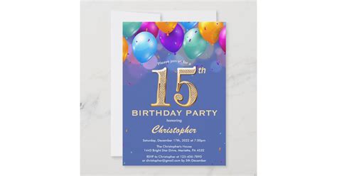 15th Birthday Blue And Gold Colorful Balloons Invitation Zazzle