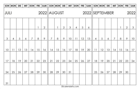 Juli August September Kalender Vorlagen 2022 Drukbare Kalender 2022