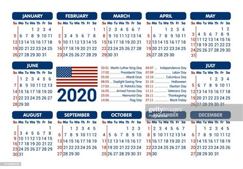 2020 Calendar Usa Flag And Holidays Starting Sunday Vector Illustration