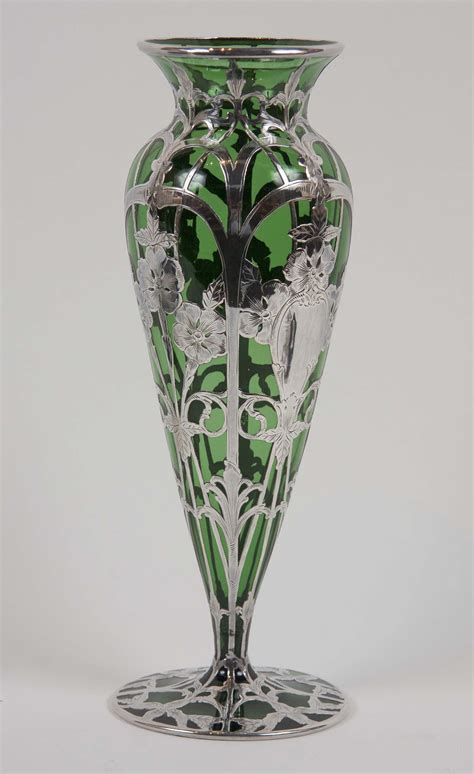 Art Nouveau Alvin Sterling Over Green Glass Vase Avery And Dash Collections