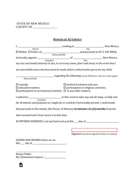 Free New Mexico Power Of Attorney For Minor Child Form Pdf Eforms