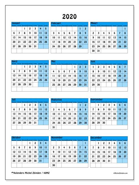 Overzichtelijke jaarkalender van 2021, de data worden per maand getoond inclusief weeknummers. Jaarkalender 2020 - 40MZ - Michel Zbinden NL