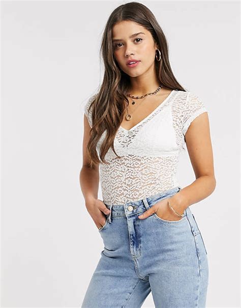 Fashion Union Deep Plunge Top In Sheer Lace Asos