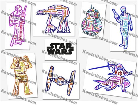 Star Wars Cloud Text Art Embroidery Designs 5x7 Hoops