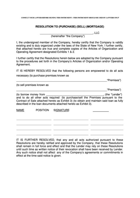 Fillable Llc Resolution To Purchase Sell Mortgage Form Printable