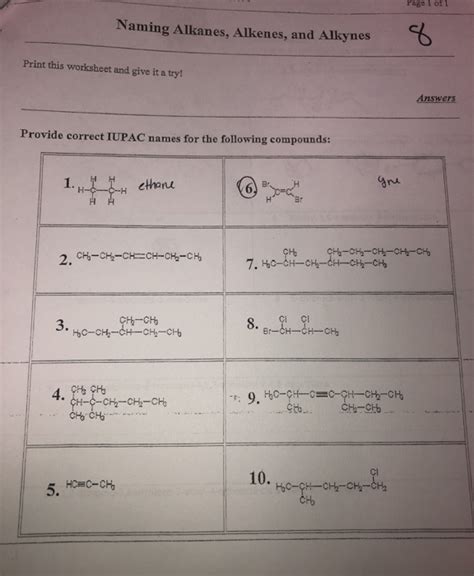 Solved Page 1 Of 1 Naming Alkanes Alkenes And Alkynes