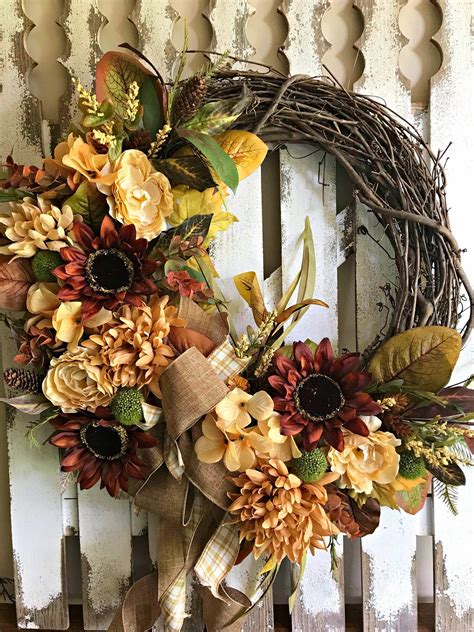 Fall Grapevine Wreath With Sunflowers Fall Door Decoration Autumn