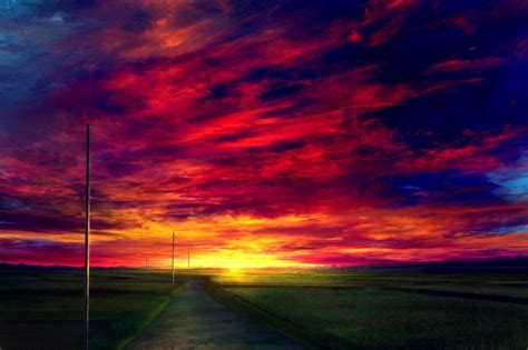 Wallpaper Anime Landscape Sunset Red Sky Realistic