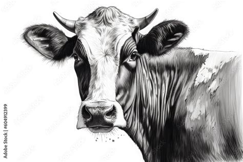 Portrait Of A Cow Isolated On White Background Pencil Drawing Generative Ai Stock
