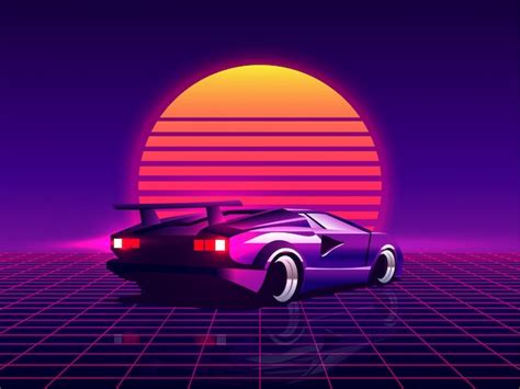 Retro Futuristic Back Side View 80s Supercar On Trendy Synthwave