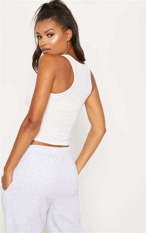 White Ribbed Racerback Cropped Vest Tops Prettylittlething Ie