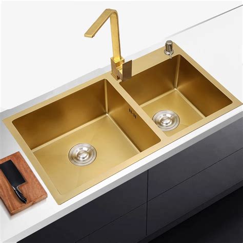 Golden Kichen Sink Stainless Steel Double Bowl Above Counter Or