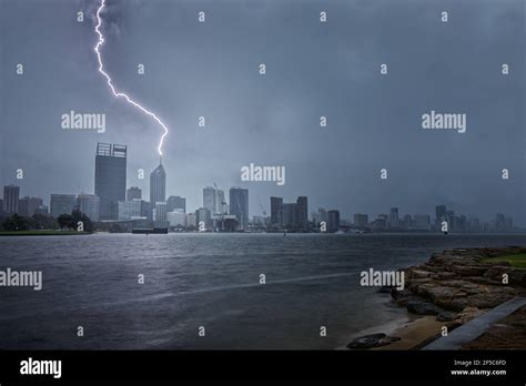 Lightning Strike On Tower Perth City Western Australia Stock Photo