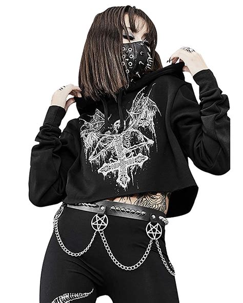 Punk Goth Emo Evil Print Long Sleeve Chic Crop Top Women Gothic Dark Series Hoodie Sweater