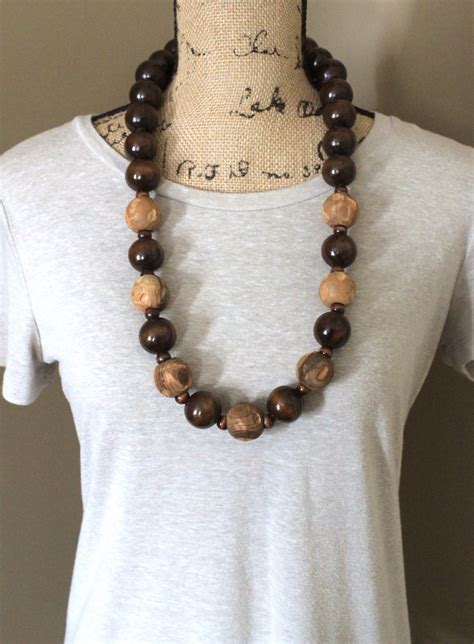 Men Chunky Brown And Olive Vintage Wood Bead Necklace Wood Bead Necklace