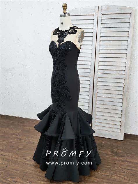 Promfy Fabulous Illusion Neck Black Trumpet Formal Prom Gown